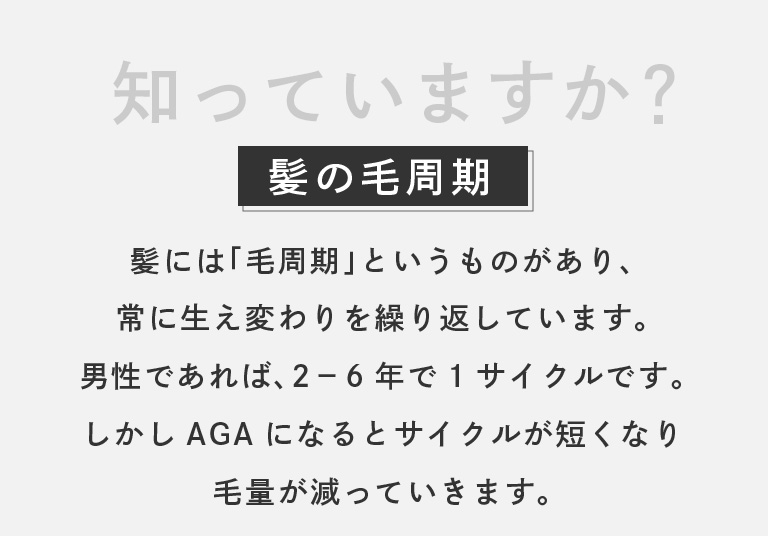 知っていますか？髪の毛周期。髪には「毛周期」というものがあり、常に生え変わりを繰り返しています。男性であれば、2〜6年で1サイクルです。しかしAGAになるとサイクルが短くなり毛量が減っていきます。